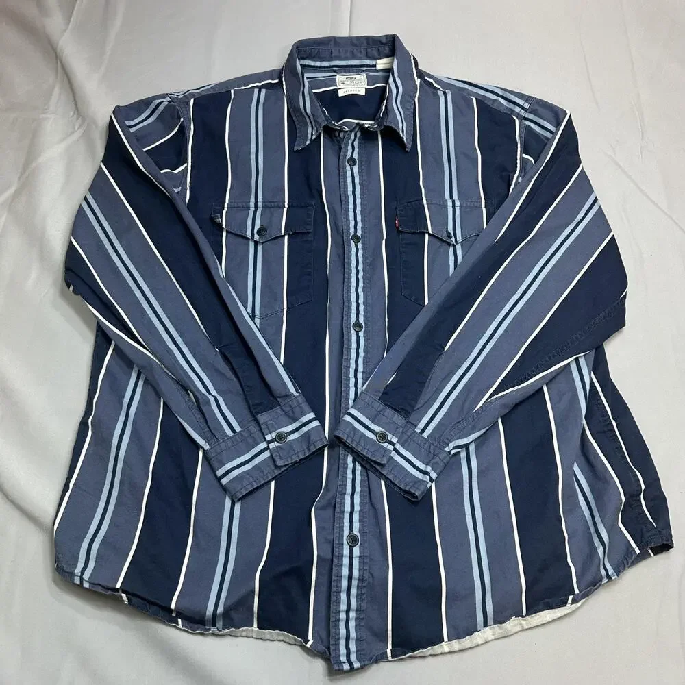 Levi's Shirt Mens XL Blue Stripe Relaxed Fit Western Double Pocket Rodeo Cowboy